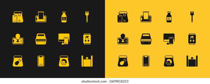 Set Fork, Food ordering on mobile, Online food, Lunch box, Bottle of water,  and  icon. Vector
