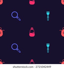 Set Tenedor, sartén, sal y delantal de cocina en patrón transparente. Vector