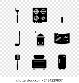 Set Fork, Gas stove, Knife sharpener, Spatula, Toaster with toasts, Refrigerator, Kitchen ladle and Manual coffee grinder icon. Vector