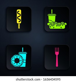 Set Fork, Ice cream, Paper glass with drinking straw and donut and Paper glass with drinking straw and hotdog. Black square button. Vector