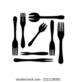 Set of fork icons on white background. Shaped into square