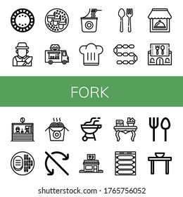 Set of fork icons. Such as Plate, Gardener, Chicken wings, Food truck, Instant noodles, Chef hat, Cutlery, Sausage, Restaurant, Coffee shop, Steak, Noodles, Do not roll , fork icons