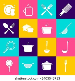 Set Fork, Kitchen ladle, colander, Crossed fork, Cooking pot, spoon, Washing dishes and  icon. Vector