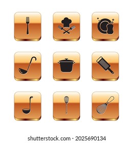 Set Fork, Kitchen ladle, whisk, Cooking pot, Washing dishes,  and Chef hat and fork icon. Vector