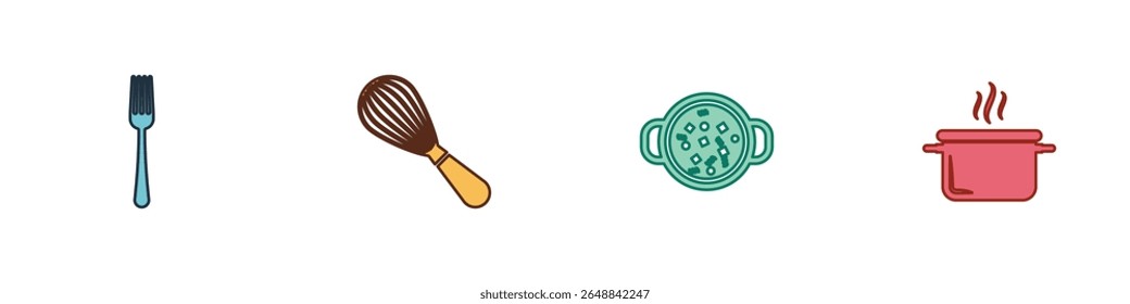 Set Gabel, Küchenwhisk, Kochsuppe in Topf und Ikone. Vektorgrafik