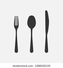 Set of fork, knif and spoon. Black icon, silhouette. Vector 