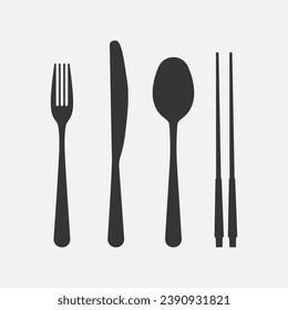 Set of fork, knife, chopsticks and spoon. Black icon, silhouette. Vector	