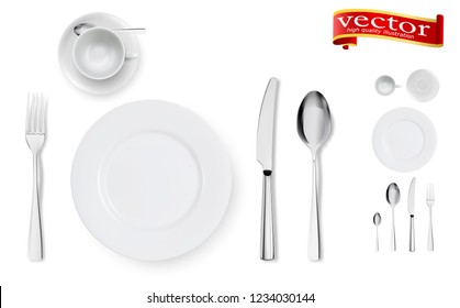 Set of fork, knife, cup, plate and spoons isolated on white. Isolated realistic set of table dining setting of silver or metal steel spoon, fork and knife cutlery around empty dish plate