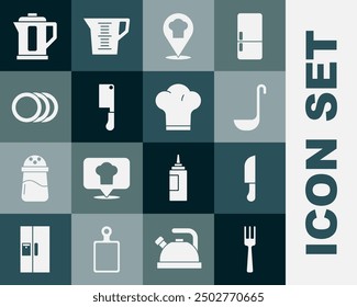 Set Fork, Knife, Kitchen ladle, Chef hat with location, Meat chopper, Plate, Electric kettle and  icon. Vector