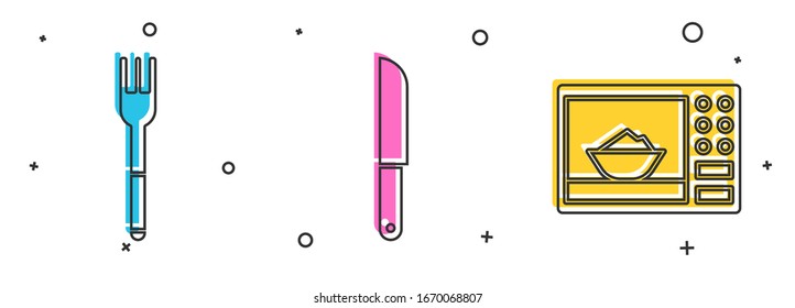 Coloque el icono de la horquilla, el cuchillo y el horno microondas. Vector