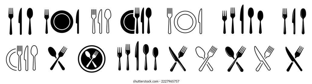 Set of fork, knife, spoon. Cutlery and crockery sign. Tableware icon. Logotype menu. Silhouette of cutlery. Thin line icon. Set in flat style. Eating utensils set symbol. Vector illustration