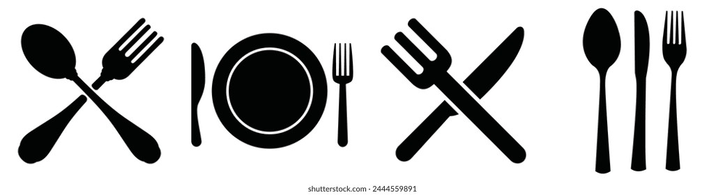 Set of fork, knife, spoon. Cutlery and crockery sign. Tableware icon. Logotype menu. Silhouette of cutlery. Thin line icon. Set in flat style. Eating utensils set symbol. Vector illustration
