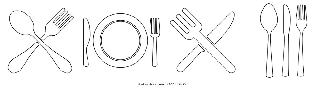 Set of fork, knife, spoon. Cutlery and crockery sign. Tableware icon. Logotype menu. Silhouette of cutlery. Thin line icon. Set in flat style. Eating utensils set symbol. Vector illustration