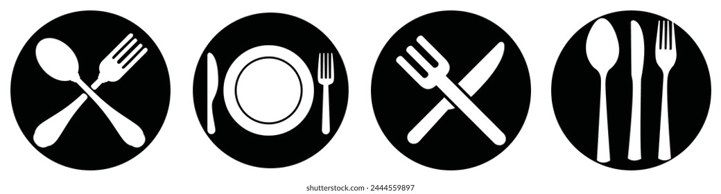 Set of fork, knife, spoon. Cutlery and crockery sign. Tableware icon. Logotype menu. Silhouette of cutlery. Thin line icon. Set in flat style. Eating utensils set symbol. Vector illustration