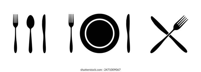 Set of fork, knife, spoon. Cutlery Restaurant Icon Set. Food line icon. Cutlery sign. Logotype menu. Silhouette of cutlery. Vector illustration