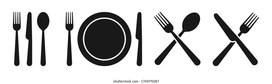 Set of fork, knife, spoon. Set in flat style. Silhouette of cutlery. Vector illustration