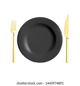 Set of fork, knife and spoon isolated on white.Golden spoon fork and knife.
Vector realistic illustration.Black porcelain plate, fork, knife.