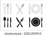 Set of fork, knife, and spoon. Logotype menu. Set in flat style. Silhouette of cutlery. Vector illustration