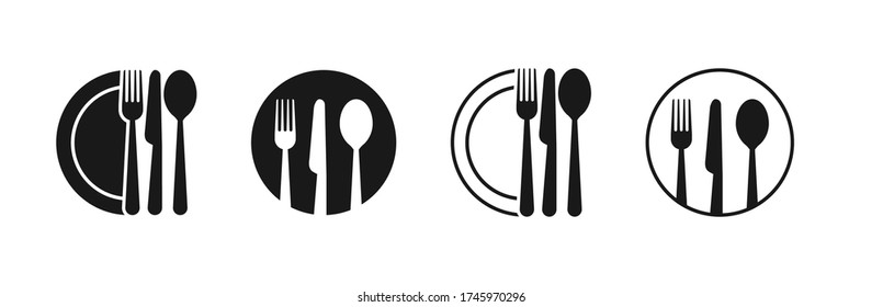 Set of fork, knife, spoon. Logotype menu. Set in flat style. Silhouette of cutlery. Vector illustration