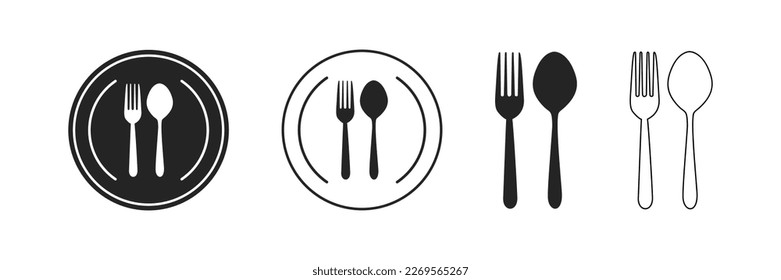 Juego de tenedor, cuchillo, cuchara. Menú de logotipo. Fijado en estilo plano. Silhouette de cubiertos. Vector 