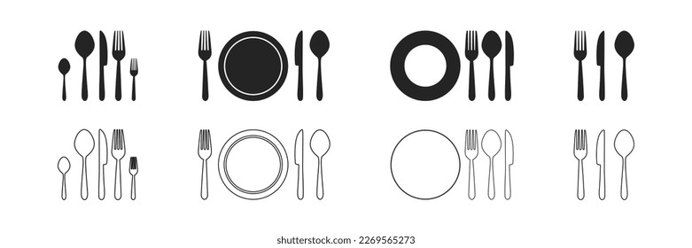 Juego de tenedor, cuchillo, cuchara. Menú de logotipo. Fijado en estilo plano. Silhouette de cubiertos. Vector 