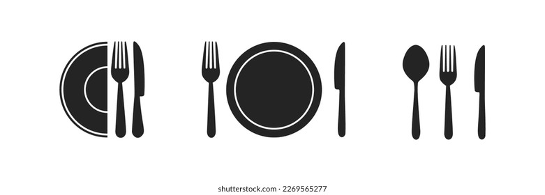 Set of fork, knife, spoon. Logotype menu. Set in flat style. Silhouette of cutlery. Vector 