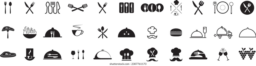 Set of fork, knife, spoon. Logotype menu. Food icons set. Collection vector black outline logo for mobile apps web or site design. Vector illustration