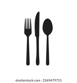 Set of fork, knife, spoon. Logotype menu template. Set in flat style. Silhouette of cutlery. Vector illustration