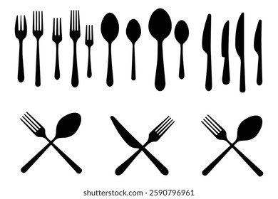 Set of fork, knife, and spoon. Logotype menu. Set in flat style. Silhouette of cutlery
