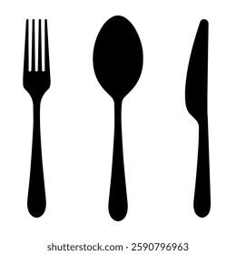 Set of fork, knife, and spoon. Logotype menu. Set in flat style. Silhouette of cutlery