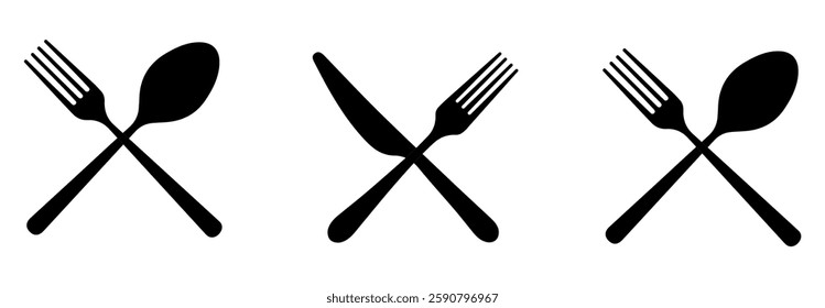 Set of fork, knife, and spoon. Logotype menu. Set in flat style. Silhouette of cutlery