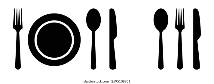 Set of fork, knife, spoon. Logotype menu. Set in flat style. Silhouette of cutlery. Vector illustration.