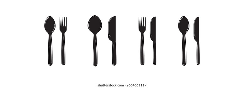 Juego de Tenedor, cuchillo, cuchara. Tenedor, cuchillo, cuchara sobre fondo blanco. Vector illustrator.eps10.