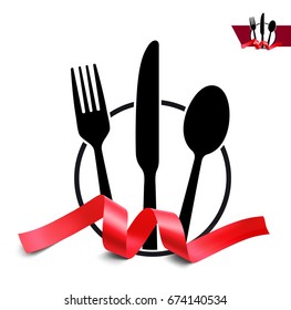 Set of fork, knife and spoon with ribbon isolated on white. Vector illustration. Ready for your design.