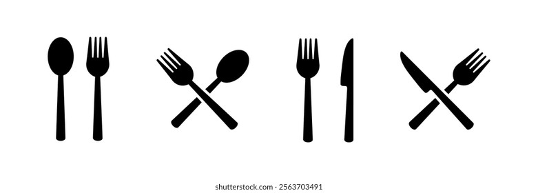 Set of fork, knife, spoon. Silverware solid monochrome icon set. Fork, Spoon, and Knife icons. Cutlery icon set vector