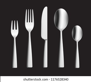 Set of fork, knife and spoon. Vector illustration on black background. Ready for your design. EPS10.