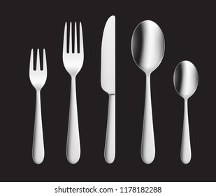 Set of fork, knife and spoon. Vector illustration on black background. Ready for your design. EPS10.