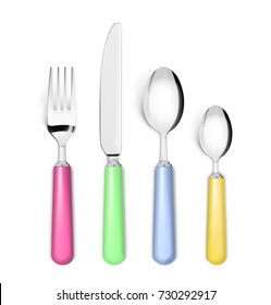 Set of fork, knife and spoons with colored handles isolated on white. Vector illustration. Ready for your design.