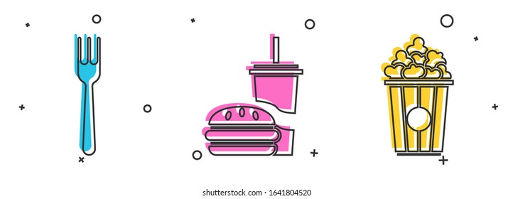 Set Fork, Paper glass with drinking straw and burger and Popcorn in cardboard box icon. Vector