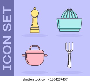 Set Fork , Pepper , Cooking pot  and Citrus fruit juicer  icon. Vector