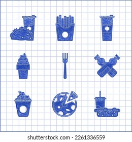 Set Fork, Pizza, Paper glass with drinking straw and hotdog, Crossed bottle of water, Popcorn cardboard box, Ice cream waffle cone,  and taco tortilla icon. Vector