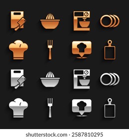 Set Fork, Plate, Cutting board, Chef hat with location, Electric mixer, and meat chopper and Citrus fruit juicer icon. Vector