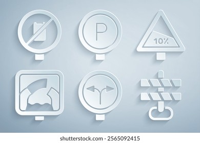 Set Fork in the road, Steep ascent and descent, Drawbridge ahead, Road barrier, Parking and No cell phone icon. Vector