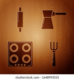 Set Fork , Rolling pin , Gas stove  and Coffee turk  on wooden background. Vector