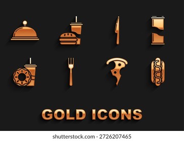 Tenedor, lata de refresco, sándwich de perro caliente con mostaza, rebanada de pizza, vidrio de papel, donut de paja, cuchillo, bandeja cubierta de alimentos e icono de hamburguesa. Vector