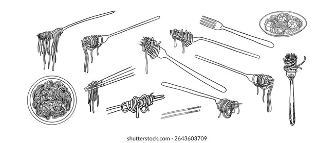 Set of fork with spaghetti and chopsticks whith noodle in doodle style. Pasta time. Pasta lover. Hand drawn. Great for menu design, banners, sites, packaging. Vector illustration