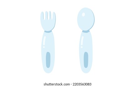 Conjunto de tenedor y cuchara para el bebé clipart. Ilustración vectorial plana de cuchara y horquilla blanda para destete de bebés. Niños simples comiendo utensilios icono de estilo de dibujos animados. Concepto de destete para niños, ducha para bebés y bebé