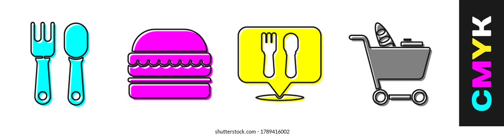 Set Fork and spoon, Burger, Cafe and restaurant location and Shopping cart and food icon. Vector