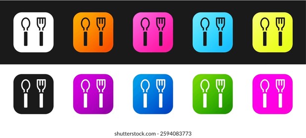 Set Fork and spoon icon isolated on black and white background. Cooking utensil. Cutlery sign.  Vector