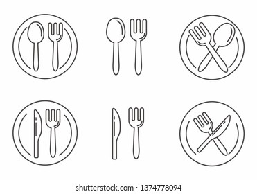 Set of fork and spoon icon with outline design, Fork, spoon, knife and plate vector illustration 